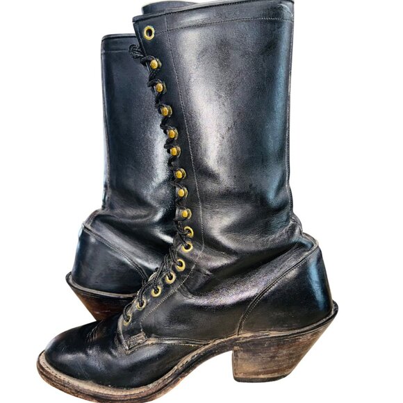 Vintage Olathe Leather 10 Black Lace Up Logger Lineman Boot Work Biker Western - Picture 11 of 11